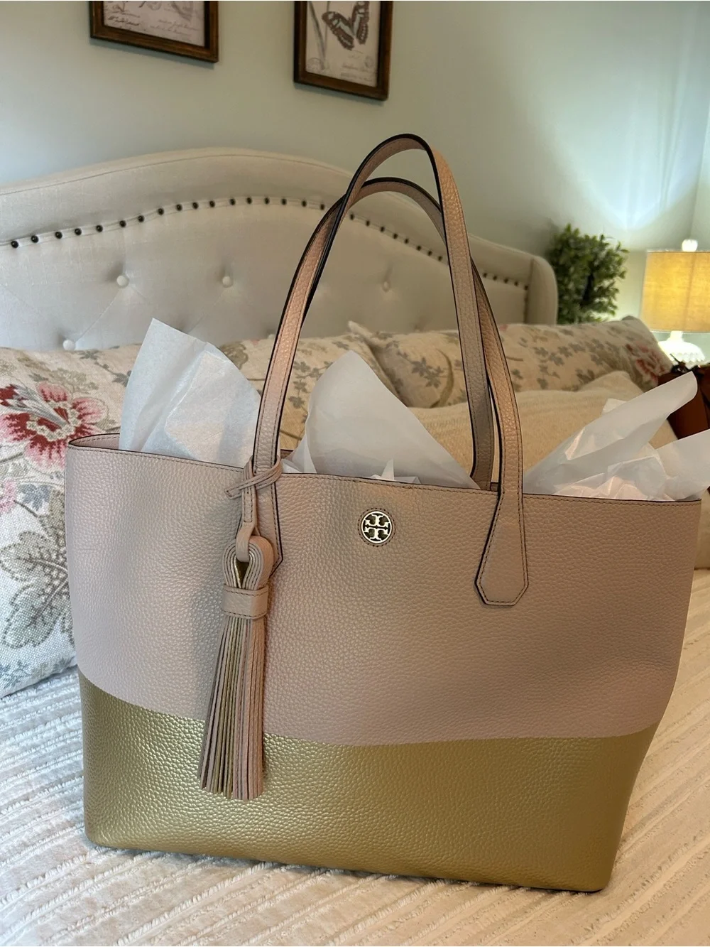Tory Burch Perry Colorblock Pebbled Leather Tote Blush Pink And Gold EUC
